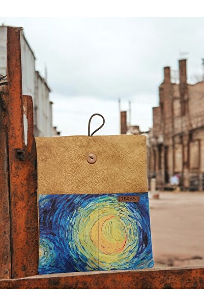 Troya Design Kitap / Tablet / E-book Reader Kılıfı - Van Gogh Yıldızlı Gece / Altin Renk