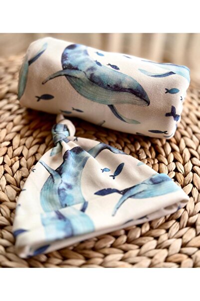 BLZ Mavi Balina Desen %100 Organik Pamuk Çift Katlı Kalın Battaniye & Şapka Seti