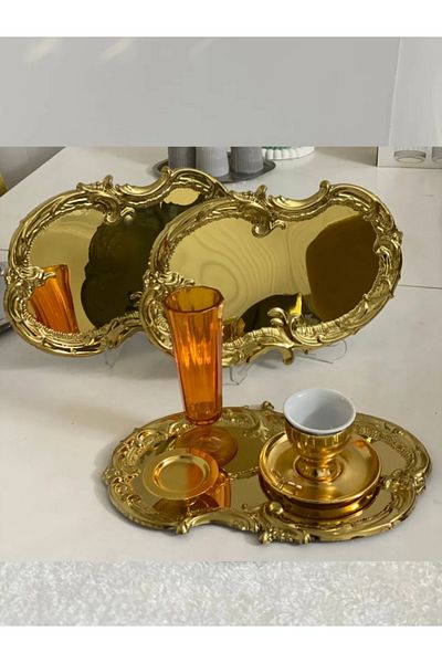 Kalya Concept 4-Piece Gold Embroidered Lace Pattern Coffee Presentation Serving Tray Artnova - Stylish Presentation Holder (21 X 30 cm)