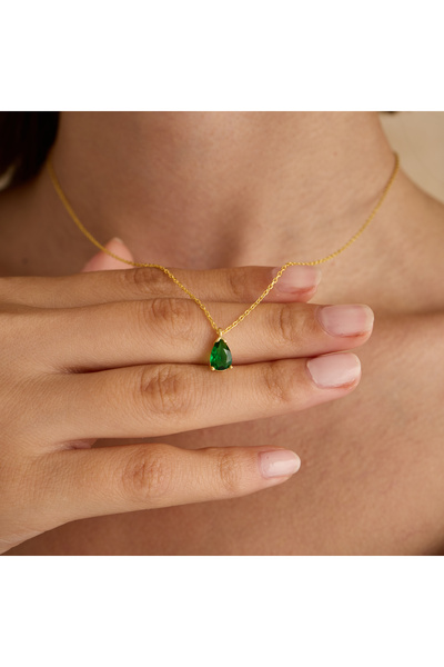 GOWA DESIGN Emerald Kolye 925 Ayar Gümüş, Altın Kaplama Damla Kesim Zümrüt Ko...