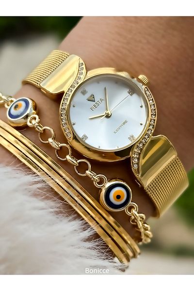 Fiesta Luxury Straw Cord - Gold Colored VIP 3 ATM Wristwatch and Evil Eye Beaded Bracelet