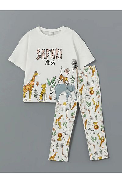 LC Waikiki Lcw Kids Girl's Ecru Crew Neck Pajama Set - t t
