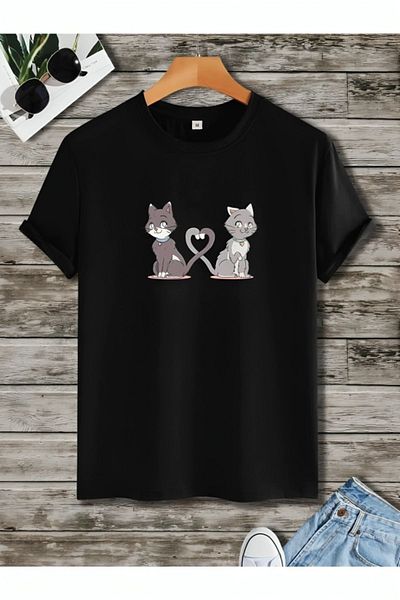 Frisson Unisex Oversize Cotton T-Shirt - Two Cats Printed Crew Neck for Valentine's Day