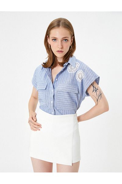 Koton Linen Shirt with Crochet Detail, Flap Pocket, Buttons