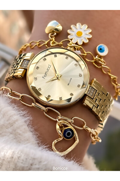 Ferrucci ساعة يد نسائية بحزام فولاذي مقاومة للماء باللون الأصفر + سوار