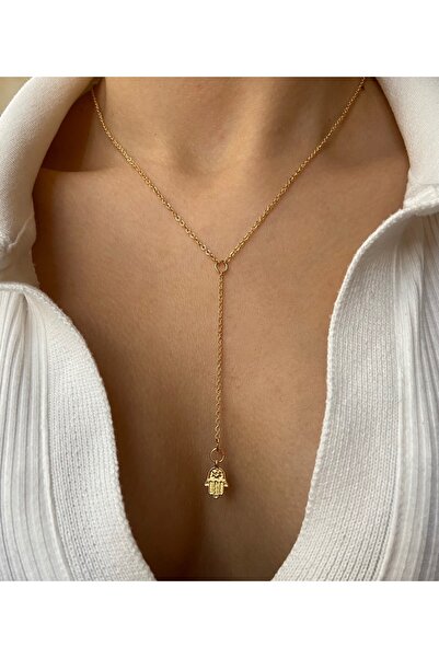 Arsaley Collection Gold Hamsa Charm Dekolte Altın Kaplama Y Kolye