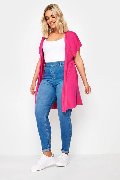 Stil Diva Large Size Slit Short Sleeve Cardigan with Stretch Fabric321910