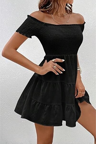 KaSheHa Siyah Karmen Yaka Göğüsü Gipeli Eteği Fırfırlı Kiloş Elbise 90 Cm