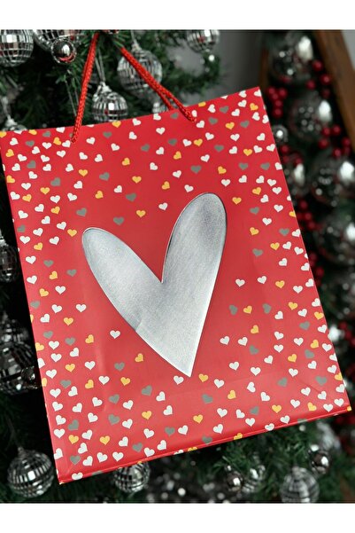 QUEEN AKSESUAR lüks büyük parlak varaklı hediye paketi kalp süslü desenli ip askılı karton çanta poşet kırmızı