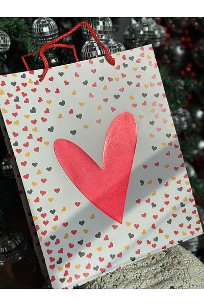 QUEEN AKSESUAR Luxury Large Shiny Leaf - Heart Decorated Patterned White Cardboard Bag Poset