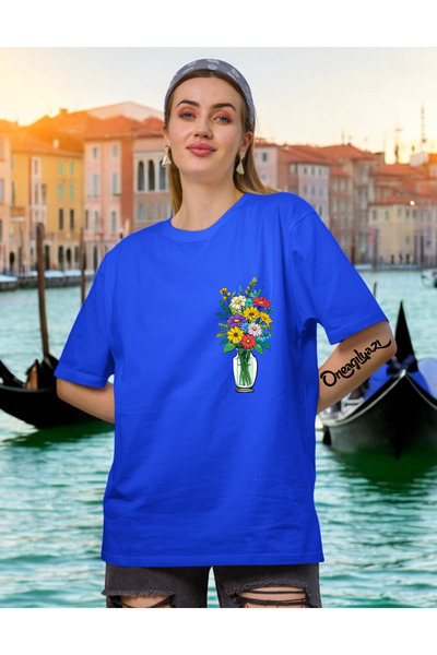 oneagılyazı Tricou oversize pentru femei cu imprimeu cu detaliu vază