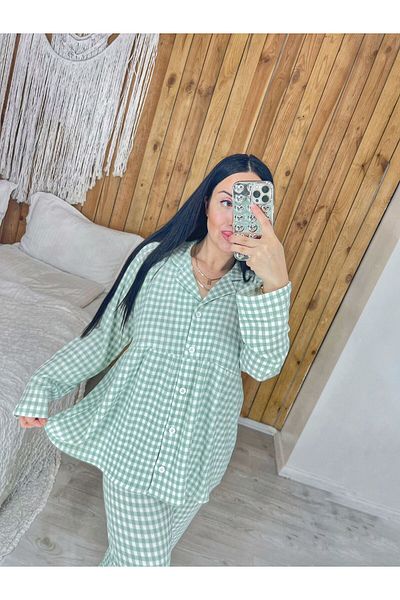 Pijamapartisi Gingham Twine Fabric Maternity Lohusa Pajamas Set