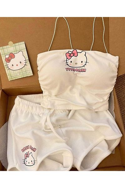 Gofeel Λευκό Hello Kitty Μπλούζα Σορτς Κάτω Σετ