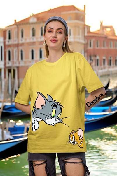 oneagılyazı تي شيرت نسائي كبير الحجم مطبوع عليه توم وجيري