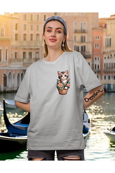 oneagılyazı Potted Cat Printed Women's Oversize T-Shirt