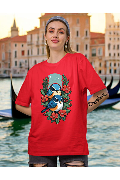 oneagılyazı Γυναικείο μπλουζάκι με στάμπα πουλιών σε μεγάλο μέγεθος