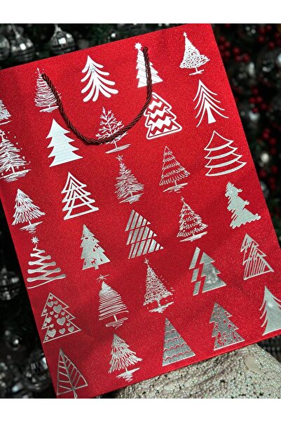 QUEEN AKSESUAR луксозна голяма подаръчна торбичка с пайети, блестящ сребрист мотив на елха и дръжка от въже