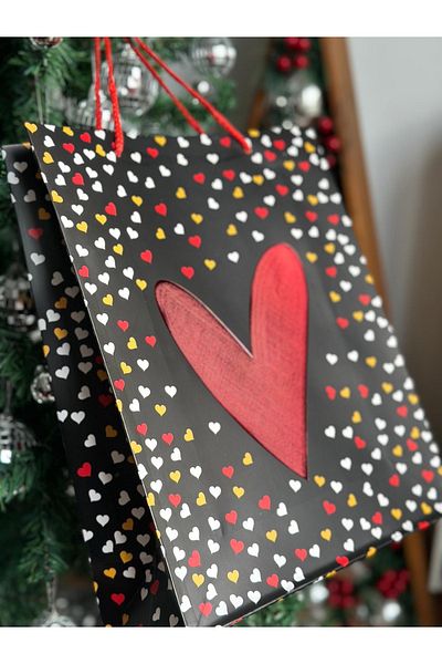 QUEEN AKSESUAR Black Luxury Large Shiny Sheeted Gift Package - Cardboard Bag with Heart Decorated Pattern and Rope Strap