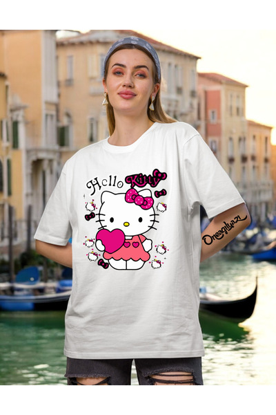oneagılyazı Γυναικείο μπλουζάκι Hello Kitty με τύπωμα oversized