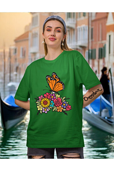 oneagılyazı Butterfly Detail Printed Women's Oversize T-Shirt