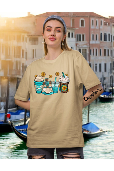 oneagılyazı Brown Floral Printed Women's Oversize T-Shirt
