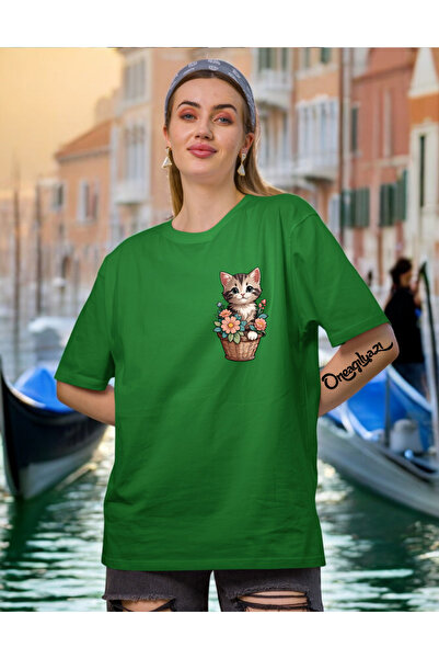 oneagılyazı Kobalt plava v mačka Štampano Žene Oversize kroj T-shirt