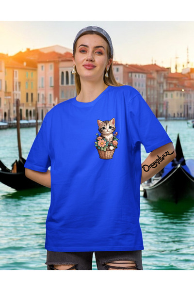 oneagılyazı تي شيرت نسائي كبير الحجم مطبوع عليه قطة بوعاء