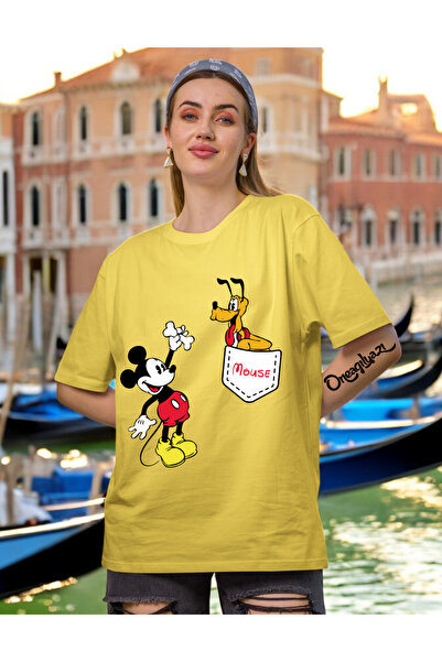 oneagılyazı تي شيرت نسائي كبير الحجم مطبوع عليه جيب ميني ماوس