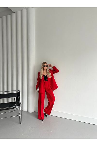 HOEK Women's Red Button Detail Blazer Jacket Pants Suit