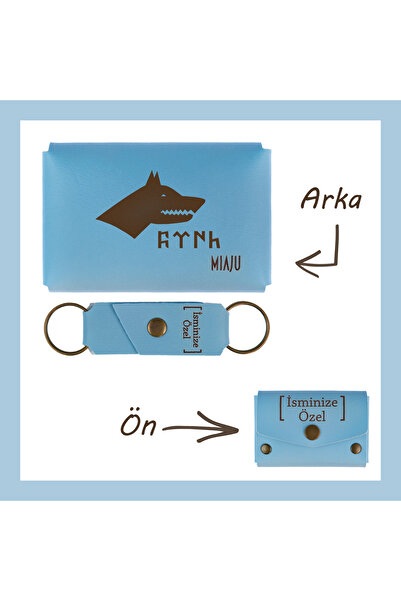 Miaju Açık Mavi, Bozkurt Ve Türk Motifli, İsme Özel Cüzdan Ve Anahtarlık Set,...