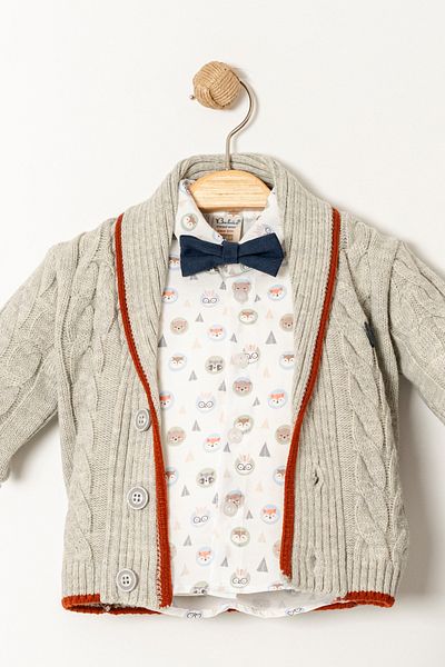 Bebüş Knitted Gray Cardigan Bow Tie Animal Print Shirt Navy Pants 3 Piece Baby Boy Suit 15024
