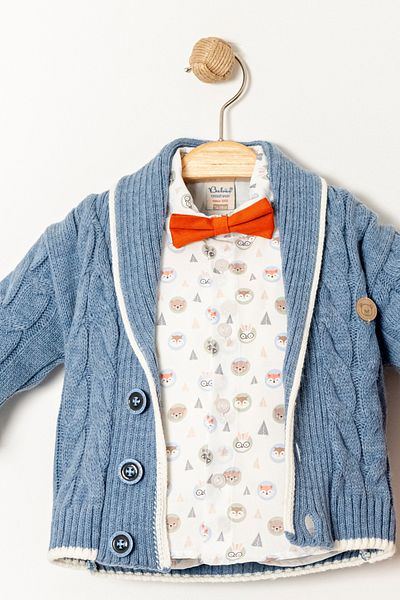 Bebüş Knit Blue Cardigan Bow Tie Animal Print Shirt Red Pants 3 Piece Baby Boy Suit 15024