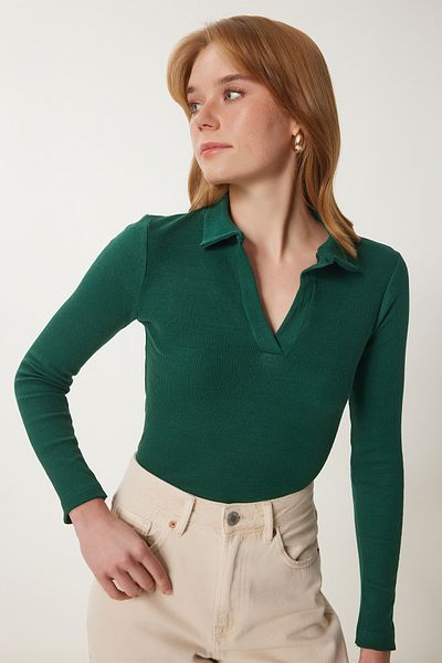Happiness İstanbul Women's Green Polo Neck Corded Knitted Blouse GT00111