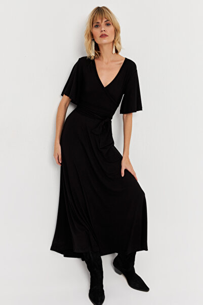 Cool & Sexy Kadın Siyah Kruvaze Bağlamalı Maxi Elbise EY3038