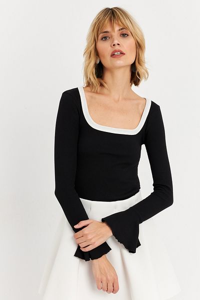 Cool & Sexy Women's Black Contrast Neck Spanish Sleeve Blouse Alb3105