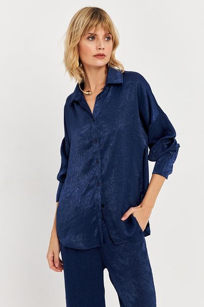 Cool & Modest Γυναικείο πουκάμισο Navy Blue Satin MCAR1127