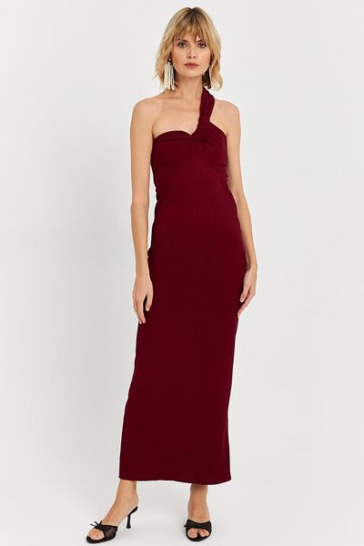 Cool & Sexy Rochie maxi de damă bordeaux cu guler asimetric NH25455