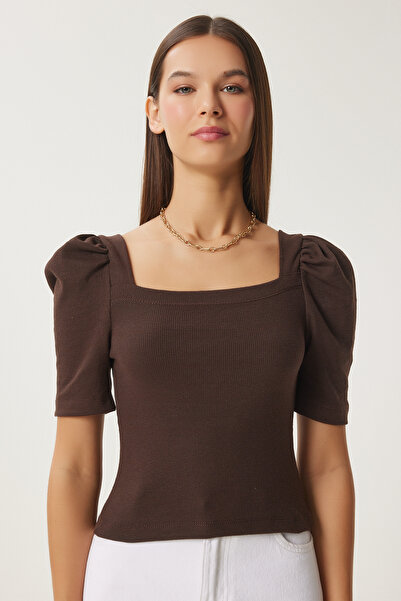 Happiness İstanbul Γυναικείο μπισκότο καφέ 2 συσκευασιών Μπλούζα με ριμπ τετράγωνο λαιμό GT00233