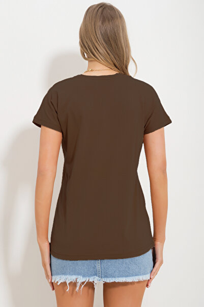Trend Alaçatı Stili Női barna V-nyakú Basic póló ALC-1045-A