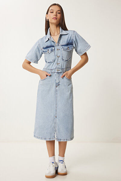 Happiness İstanbul Rochie de damă din denim albastru mediu cu fante RV00185