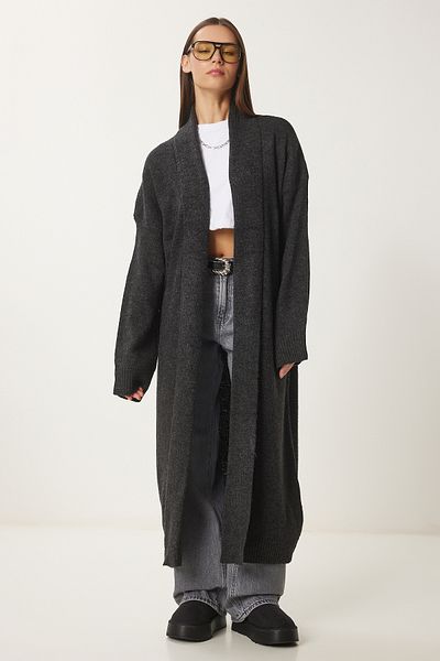 Happiness İstanbul Anthrazitfarbene lange Strickjacke mit Schalkragen für Damen Hİ00004