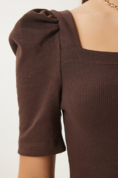 Happiness İstanbul Γυναικείο μπισκότο καφέ 2 συσκευασιών Μπλούζα με ριμπ τετράγωνο λαιμό GT00233