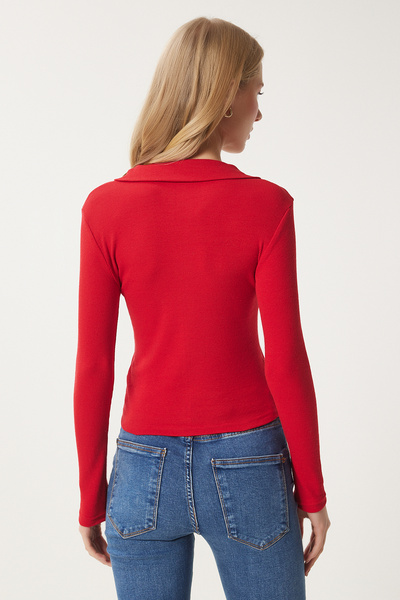 Happiness İstanbul Női piros fehér 2 részes póló nyakú bordás kötött blúz GT00232