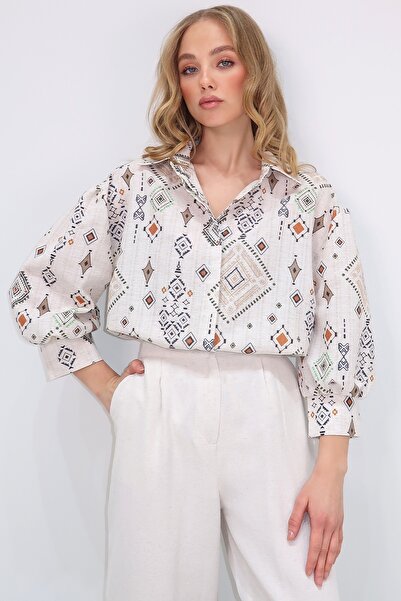 Trend Alaçatı Stili Dámská béžovo-hnědá princezna tkaná košile s etnickým vzorem ALC-X10396