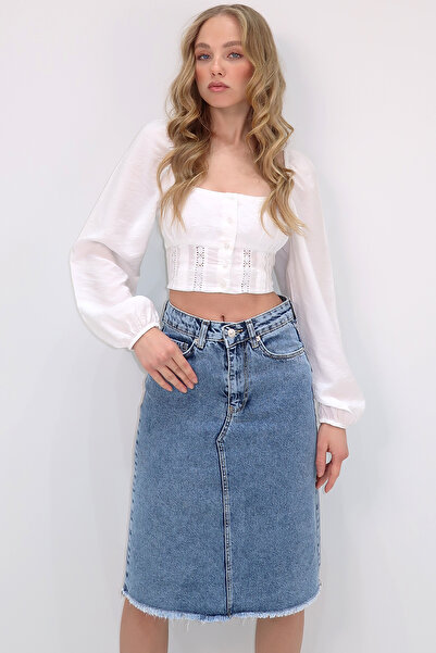 Trend Alaçatı Stili Fusta de damă, albastră, cu talie înaltă, cu 5 buzunare, lungime midi, ALC-X13655