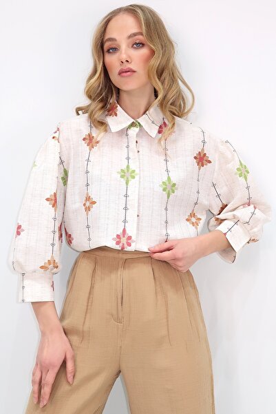 Trend Alaçatı Stili Női bézs-barna hercegnő virágmintás flaming vászon szőtt ing ALC-X10398