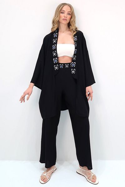 Trend Alaçatı Stili Black Print Kimono and Palazzo Pants Set - Back Print, Alc-X13641