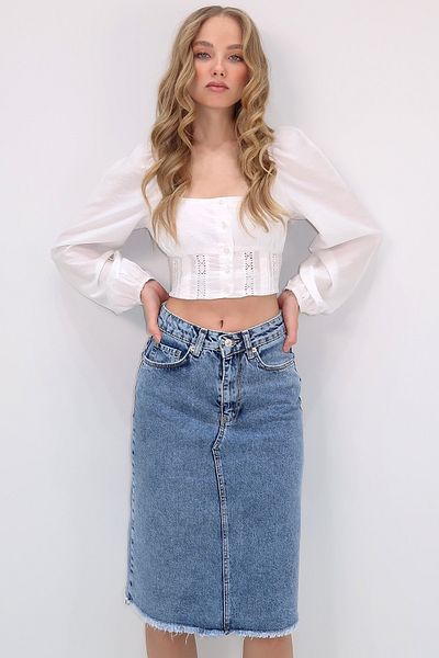 Trend Alaçatı Stili Blauer Midi-Jeansrock mit hoher Taille und 5 Taschen für Damen ALC-X13655