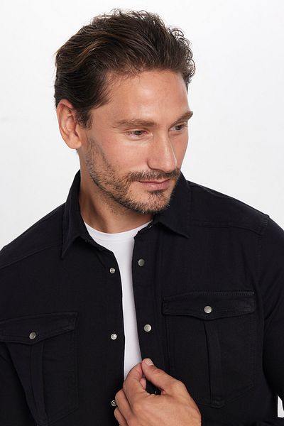Tudors Мъжка черна риза Slim Fit с дълъг ръкав Slim Fit Denim, спортна яка с два джоба
