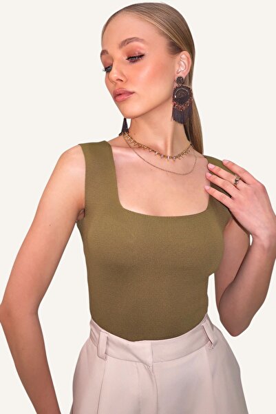 Trend Alaçatı Stili Dámská khaki štíhlá mercerizovaná halenka s čtvercovým výstřihem Alc-7122